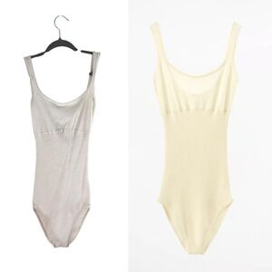 Zara Ribbed Cotton Silk Tank Bodysuit Cream White Knit M